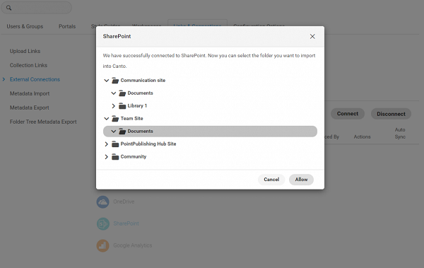 Ein Screenshot, der die erfolgreiche Verbindung von Canto mit Microsoft SharePoint zeigt.
