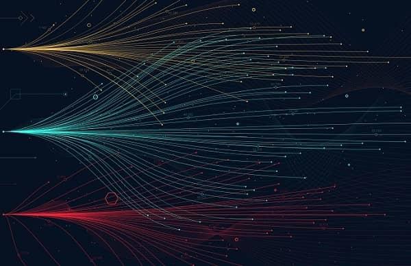 Verschiedenfarbige digitale Linien, die innerhalb eines Raumes verlaufen
