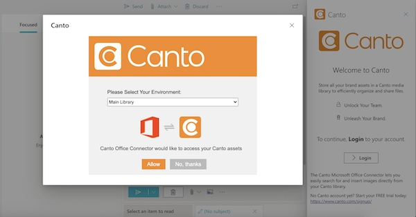 Ein Screenshot zeigt, wie der Canto Connector für Microsoft Outlook eingerichtet wird.