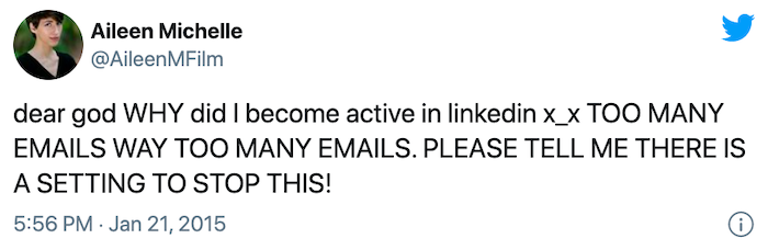 Tweet complaining about too many LinkedIn emails.