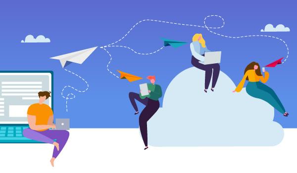 Illustration of marketer sitting on a computer, with three paper airplane messages going to three customers.