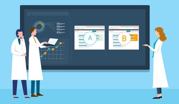 Illustration of scientists in lab coats looking at A/B test results.