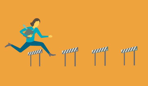 Illustration of woman jumping over hurdles.