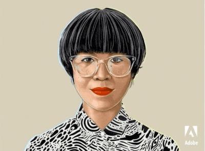 Illustration of a woman with a trendy haircut, bright red lipstick, and clear plastic frames.