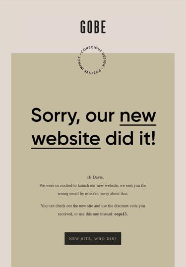 Email from Gobe that says, Sorry, our new website did it.