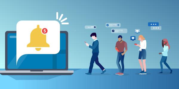 Illustrated people receiving digital notifications.