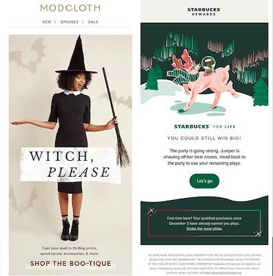Eine E-Mail von Modcloth zu Halloween und eine Weihnachts-E-Mail von Starbucks.
