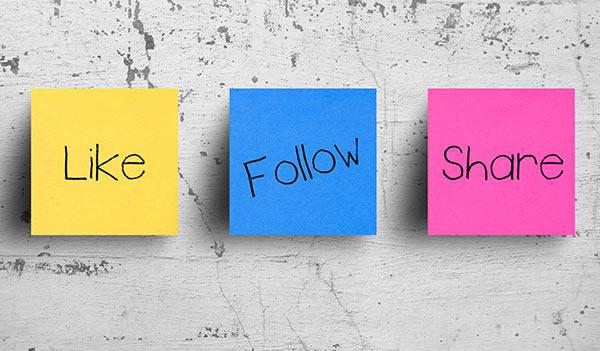 Three sticky notes that read 'like', 'follow' or 'share'.