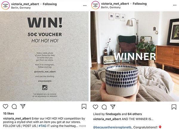 Screenshots of an Instagram photo competition and winning photo of a mug.
