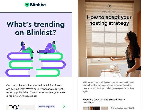 Single-topic email newsletters from Blinkist and AirBnB.