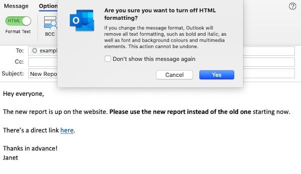 Screenshot of email draft in Outlook with option to disable HTML for plain text..