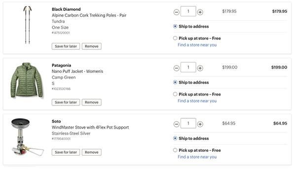 Screenshot of wishlist-style cart contents with hiking poles, a down jacket, and a camping stove.
