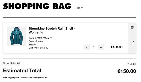 Screenshot of a blue raincoat in an e-commerce shopping cart.