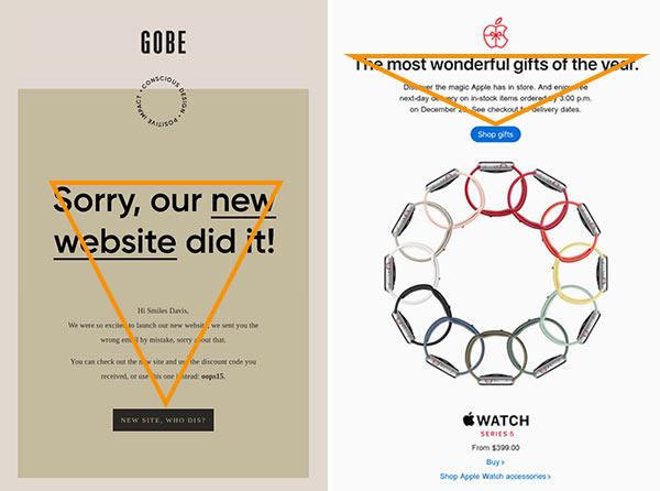 Screenshots of emails in which copy forms an arrow pointing at the CTA.