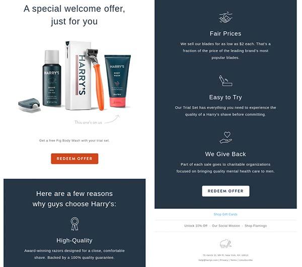 Screenshot of a welcome email from Harry's featuring photo of shaving products.
