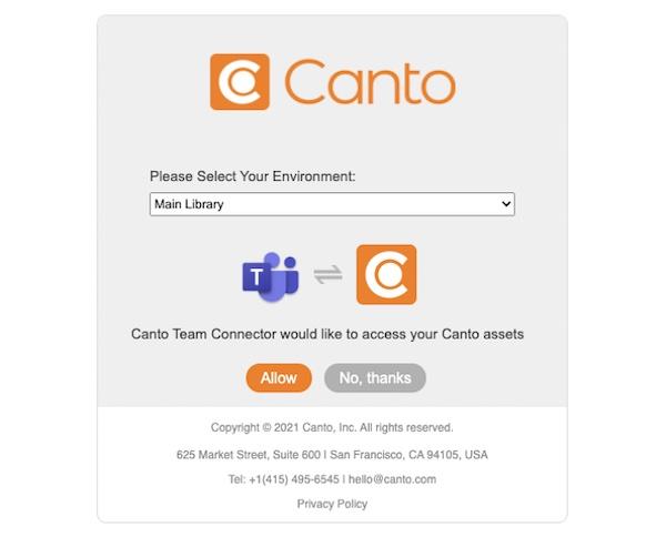 Ein Screenshot zeigt, wie Sie mit dem Canto Connector Ihr Canto Konto in Microsoft Teams einrichten.
