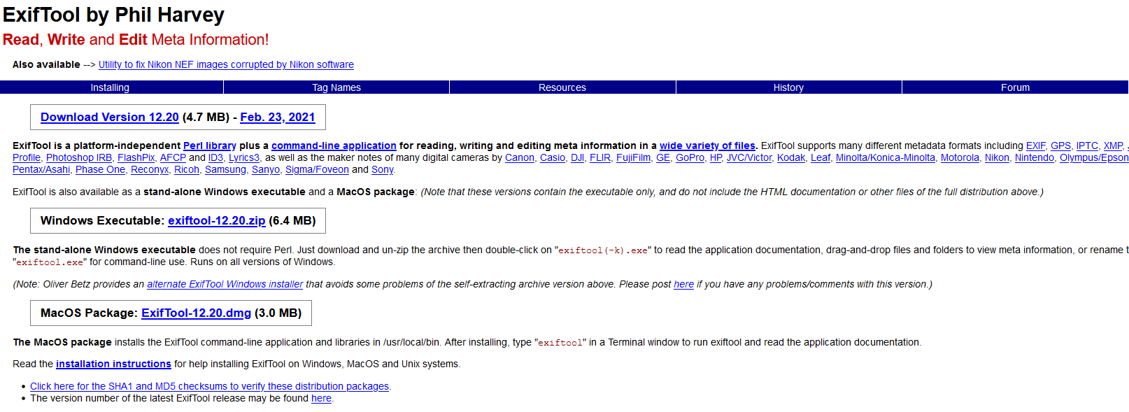 The ExifTool website.