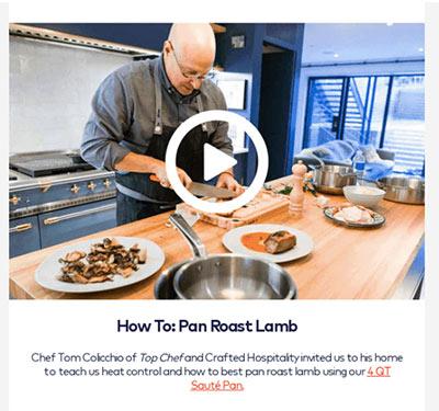 Video of a chef pan roasting lamb from a marketing email.
