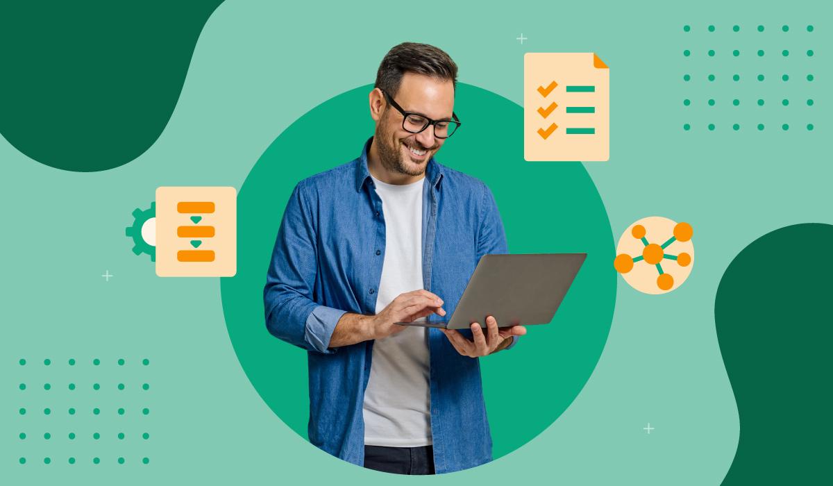 Man happily reviewing metadata to organize content for digital asset management library.