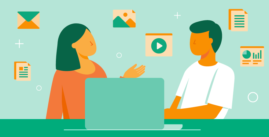 Abbildung von zwei Marketingexperten, die mit einem Laptop die digitalen Marketing-Assets ihrer Marke überprüfen.