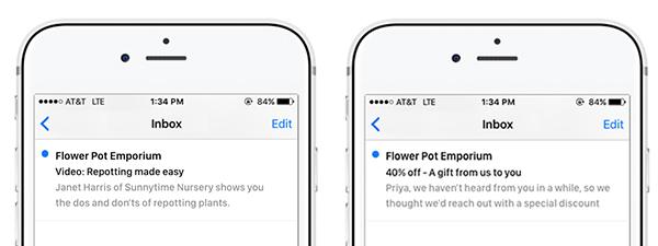 Subject lines for video and discount emails on phone screens.