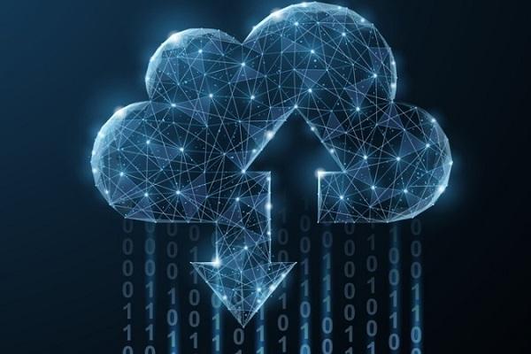 Digitale Darstellung einer Wolke, in die Daten hoch– und heruntergeladen werden.