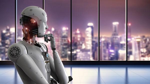 Ein Roboter in menschlicher Form, der eine nachdenkliche Haltung eingenommen hat.