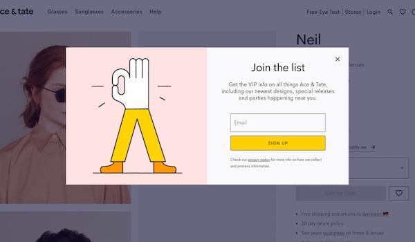 Screenshot of sign-up form for Ace and Tate's email list.