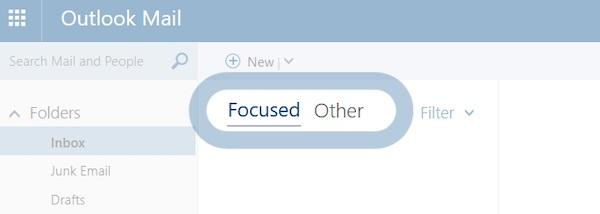 Screenshot der Outlook-Funktion Fokussierter Posteingang, die Marketing-E-Mails in eine separate Ansicht einsortiert.