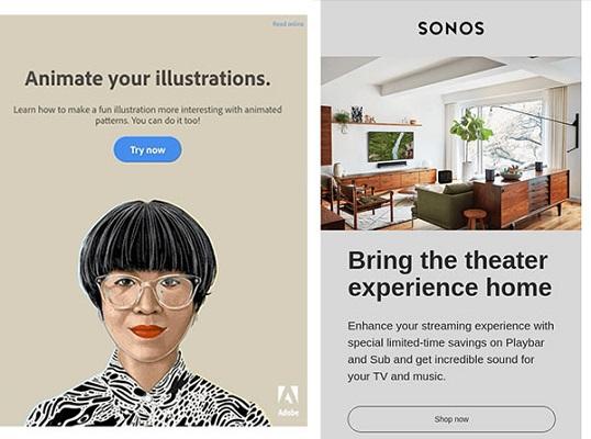HTML-E-Mails von Adobe und Sonos, in denen Bilder und unterschiedliche Schriftgrößen verwendet werden.