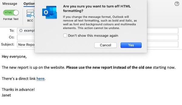 Screenshot eines E-Mail-Entwurfs in Outlook mit der Option, HTML zugunsten von reinem Text zu deaktivieren.
