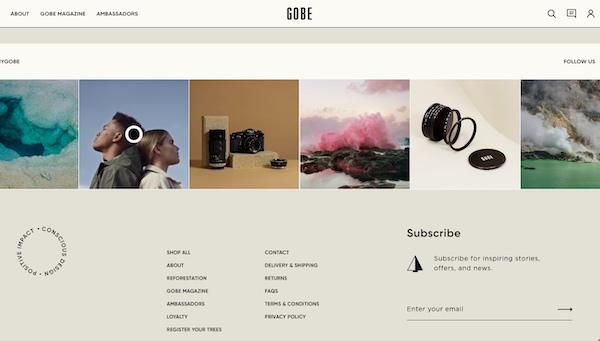 Screenshot der Webseite von Gobe mit dezentem E-Mail-Anmeldeformular in der Fußzeile.