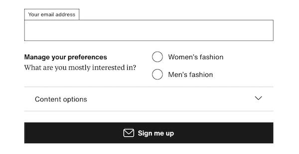 E-Mail-Anmeldeformular mit Auswahlmöglichkeit für Damen- oder Herrenmode.