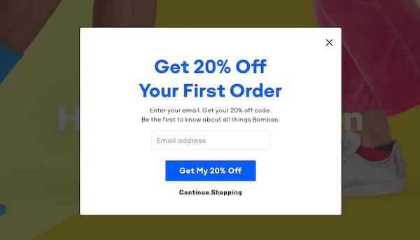 E-Mail-Anmeldeformular mit 20% Rabatt auf die erste Bestellung.