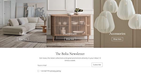 Ein eingebettetes E-Mail-Anmeldeformular auf der Homepage von Bolia.