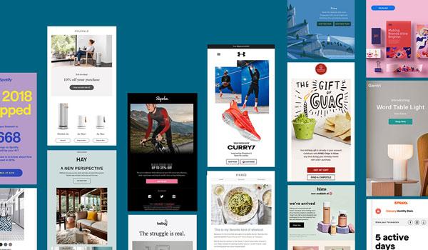Collage of glossy, HTML-heavy email designs from major brands.