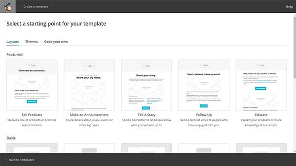 Screenshot of template selections in Mailchimp's email marketing software.