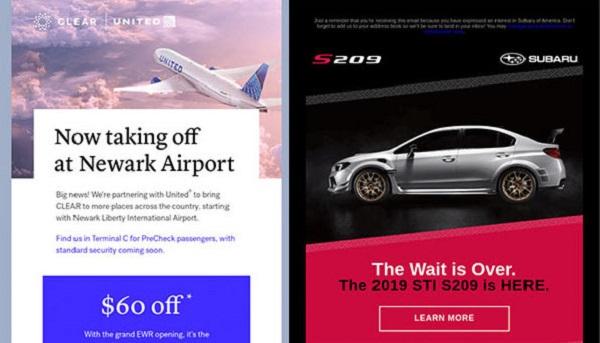 E-Mails von United und Subaru, die einen neuen Service am Flughafen bzw. ein neues Automodell vorstellen.