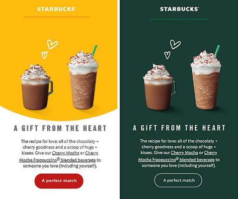 Eine E-Mail von Starbucks, einmal in markenfremden und einmal in Markenfarben.