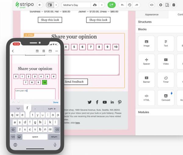 Screenshoot of the Stripo email builder showing embedded survey feature.