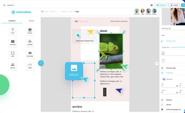 Screenshot of the Chamaileon interface showing multiple collaborators editing the same email.