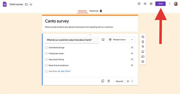 Screenshot in Google Forms with red arrow pointing to Send button.