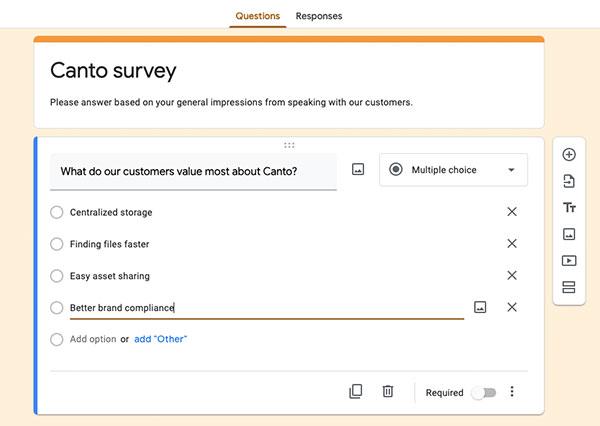 Screenshot of a survey called Canto survey in the Google Forms editor.