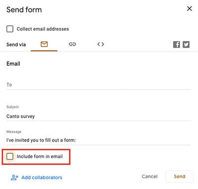 Screenshot highlighting checkbox to include Google Form in sharing email.