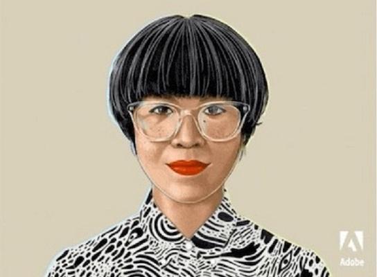 Illustration einer Frau mit einem trendigen Haarschnitt, leuchtend rotem Lippenstift und einer durchsichtigen Kunststoffbrille.