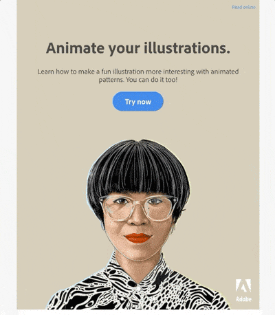 Animierte E-Mail von Adobe mit der Abbildung einer Frau, deren Hemd ein sich bewegendes Muster aufweist.