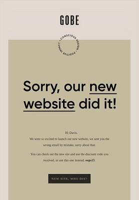 Eine E-Mail von Gobe, die besagt: 'Tut uns leid, unsere neue Webseite war schuld'.