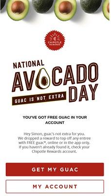 E-Mail von Chipotle zum Nationalen Tag der Avocado mit einem Handlungsaufruf, der sagt: 'Her mit meiner Guacamole'.