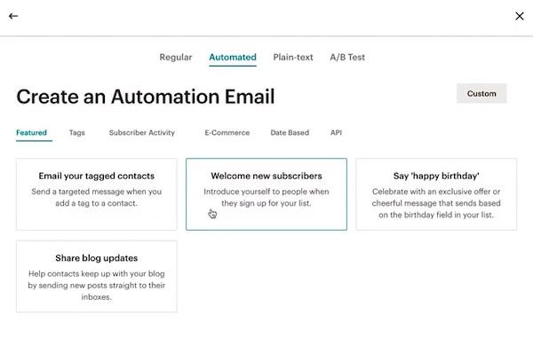 Screenshot des Menüs zur E-Mail-Automatisierung bei Mailchimp.