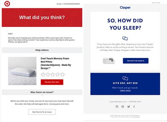 E-Mails mit der Bitte um Produktbewertungen von Target und Casper.